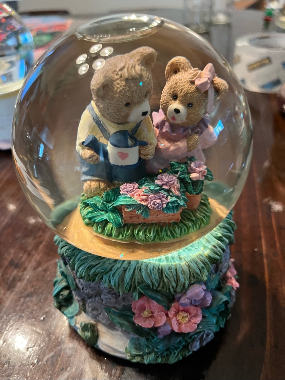 Hand-Painted Brown Bear Couple Floral Snow Globe - Pink & Green